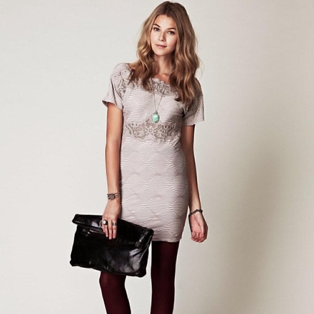 FREE PEOPLE New Romantics Mini Dress S Shift Crochet Cutout Neutral Minimalist